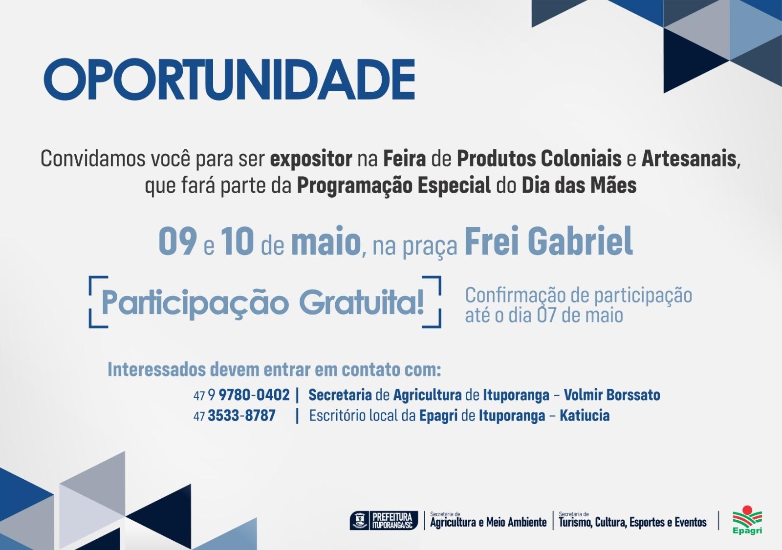 Convite para Feira de Produtos Coloniais e Artesanato - Programação Especial Dia das Mães