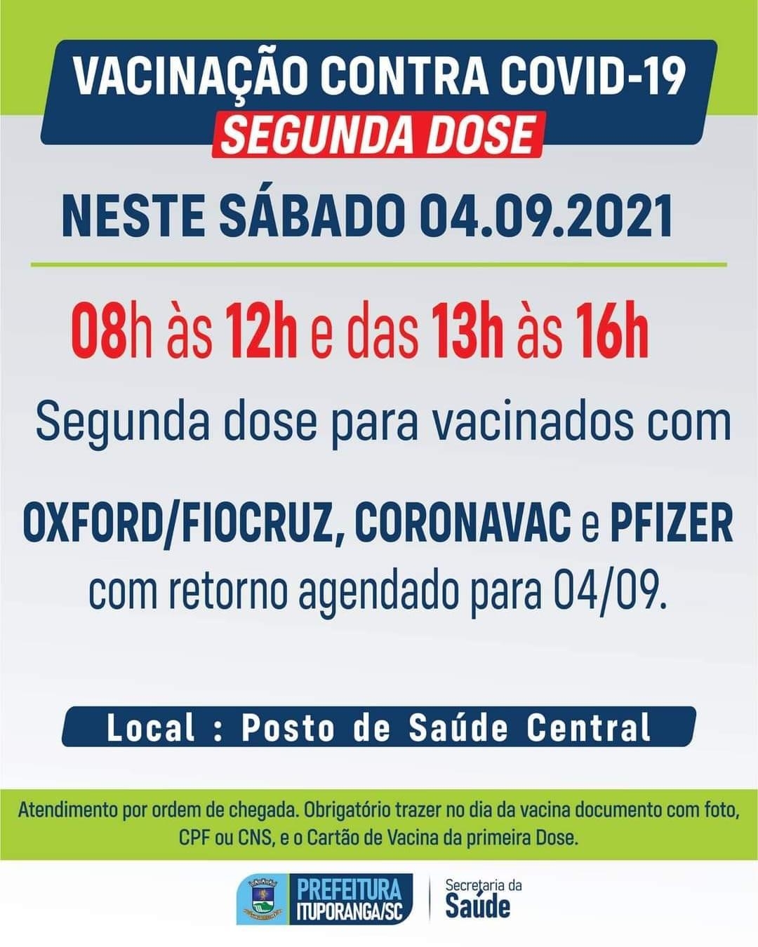 Mais de 1300 ituporaguenses devem receber segunda dose da vacina contra a COVID no sábado (04)