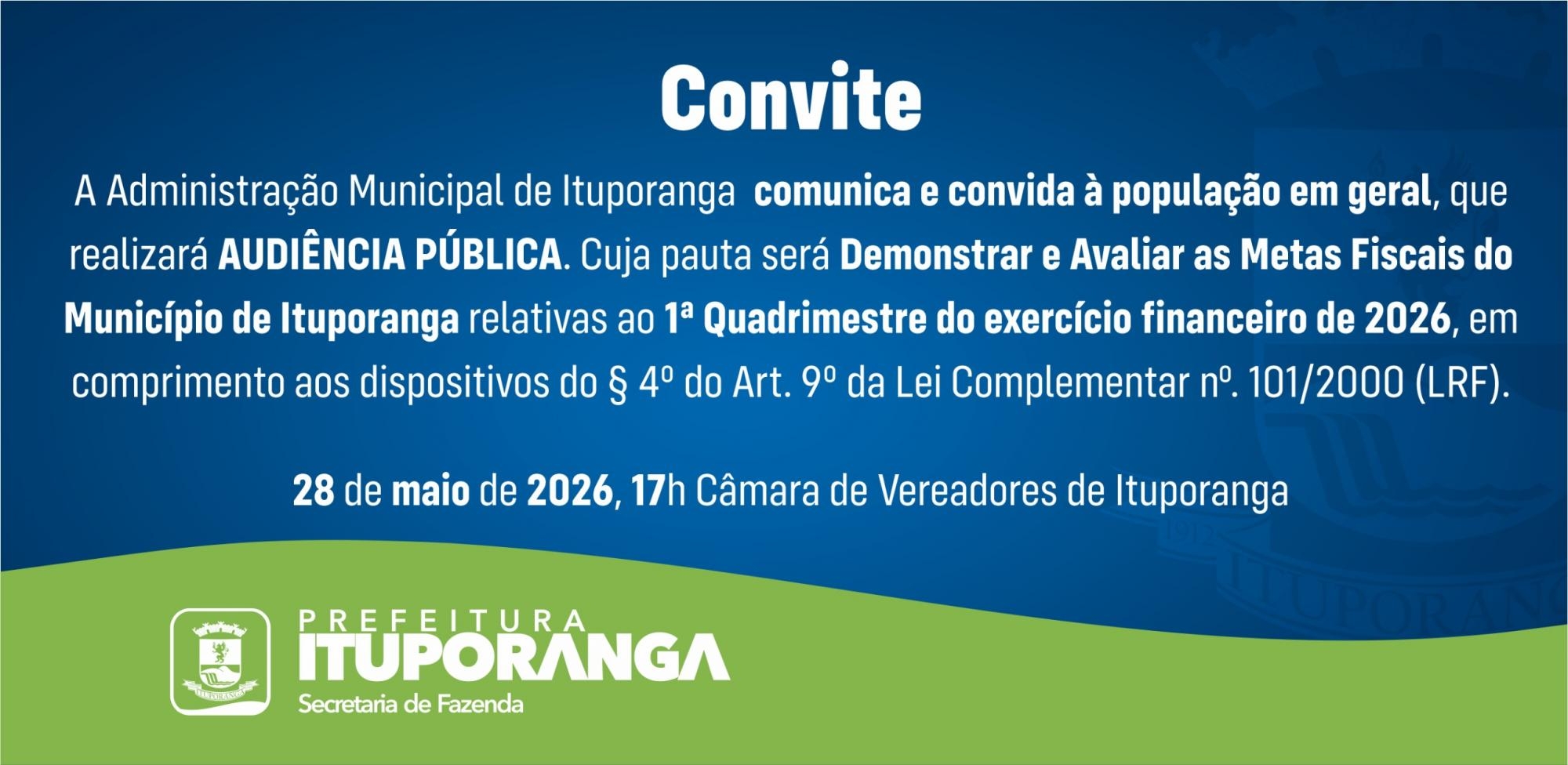 Prefeitura de Ituporanga convida população para Audiência Pública de Metas Fiscais